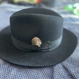 Black Rabbit Fur Wide-Brim Fedora with Feather Accent